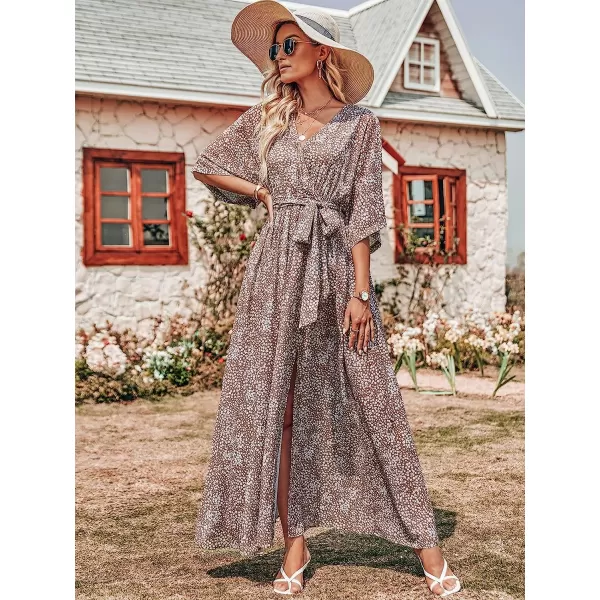 imageANRABESS Womens Summer Loose Kimono Maxi Dress Wrap V Neck 34 Sleeve Floral Print Slit Long DressesConch