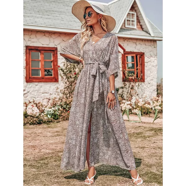 imageANRABESS Womens Summer Loose Kimono Maxi Dress Wrap V Neck 34 Sleeve Floral Print Slit Long DressesConch