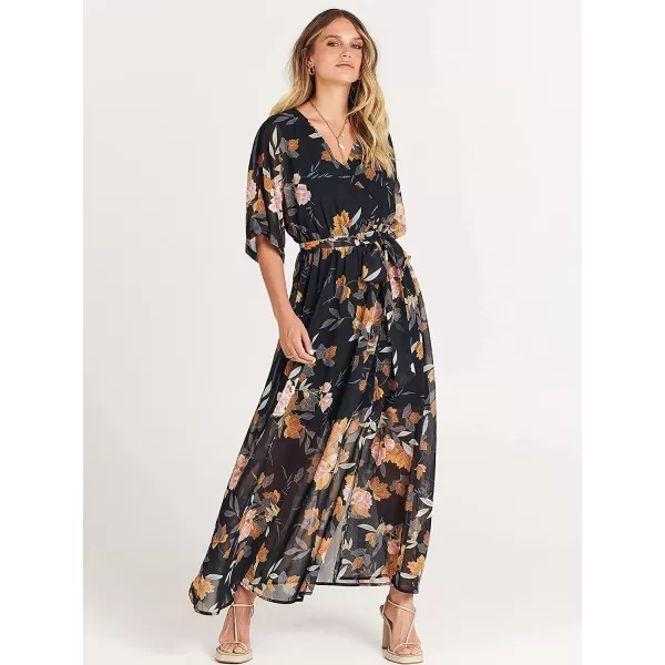 imageANRABESS Womens Summer Loose Kimono Maxi Dress Wrap V Neck 34 Sleeve Floral Print Slit Long DressesFloral Black Yellow
