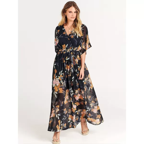 imageANRABESS Womens Summer Loose Kimono Maxi Dress Wrap V Neck 34 Sleeve Floral Print Slit Long DressesFloral Black Yellow