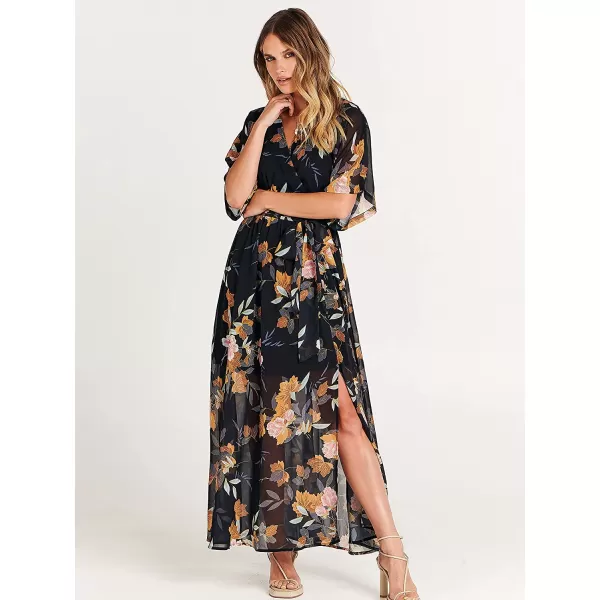 imageANRABESS Womens Summer Loose Kimono Maxi Dress Wrap V Neck 34 Sleeve Floral Print Slit Long DressesFloral Black Yellow