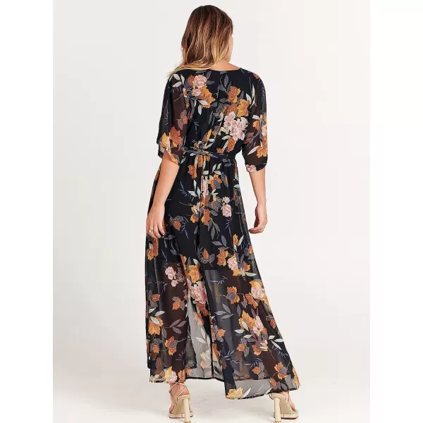 imageANRABESS Womens Summer Loose Kimono Maxi Dress Wrap V Neck 34 Sleeve Floral Print Slit Long DressesFloral Black Yellow