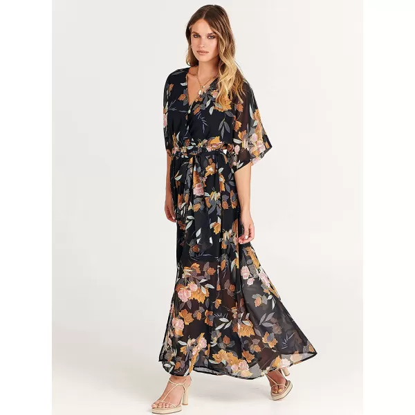 imageANRABESS Womens Summer Loose Kimono Maxi Dress Wrap V Neck 34 Sleeve Floral Print Slit Long DressesFloral Black Yellow