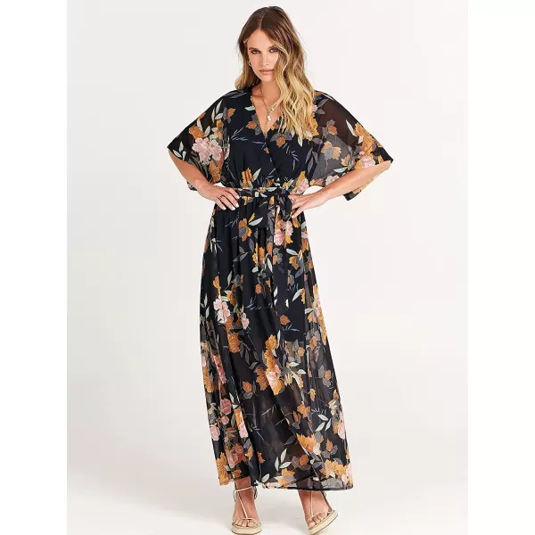 imageANRABESS Womens Summer Loose Kimono Maxi Dress Wrap V Neck 34 Sleeve Floral Print Slit Long DressesFloral Black Yellow
