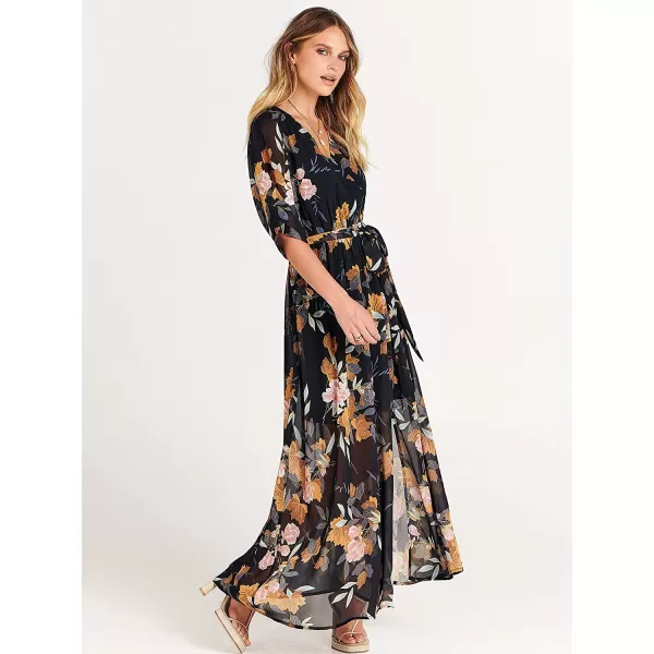 imageANRABESS Womens Summer Loose Kimono Maxi Dress Wrap V Neck 34 Sleeve Floral Print Slit Long DressesFloral Black Yellow