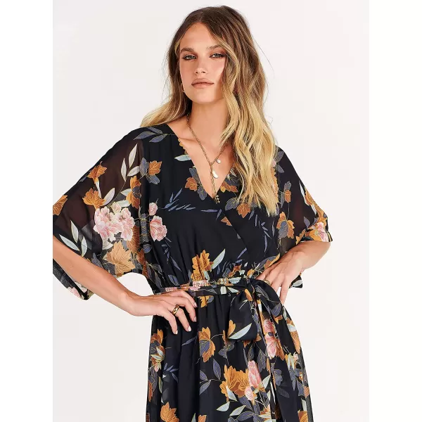 imageANRABESS Womens Summer Loose Kimono Maxi Dress Wrap V Neck 34 Sleeve Floral Print Slit Long DressesFloral Black Yellow