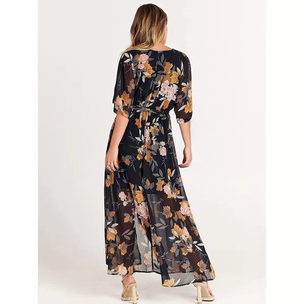 imageANRABESS Womens Summer Loose Kimono Maxi Dress Wrap V Neck 34 Sleeve Floral Print Slit Long DressesFloral Black Yellow