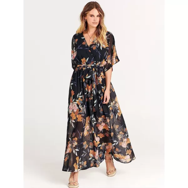 imageANRABESS Womens Summer Loose Kimono Maxi Dress Wrap V Neck 34 Sleeve Floral Print Slit Long DressesFloral Black Yellow