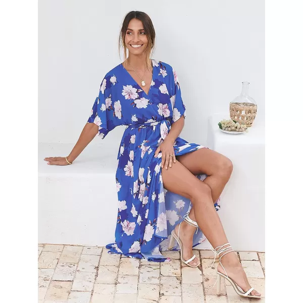 imageANRABESS Womens Summer Loose Kimono Maxi Dress Wrap V Neck 34 Sleeve Floral Print Slit Long DressesFloral Blue