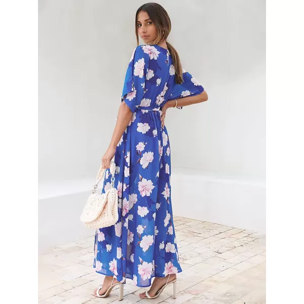 imageANRABESS Womens Summer Loose Kimono Maxi Dress Wrap V Neck 34 Sleeve Floral Print Slit Long DressesFloral Blue