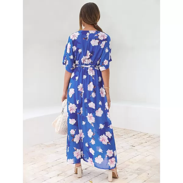 imageANRABESS Womens Summer Loose Kimono Maxi Dress Wrap V Neck 34 Sleeve Floral Print Slit Long DressesFloral Blue