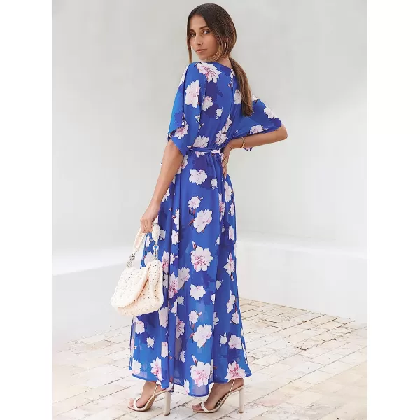 imageANRABESS Womens Summer Loose Kimono Maxi Dress Wrap V Neck 34 Sleeve Floral Print Slit Long DressesFloral Blue