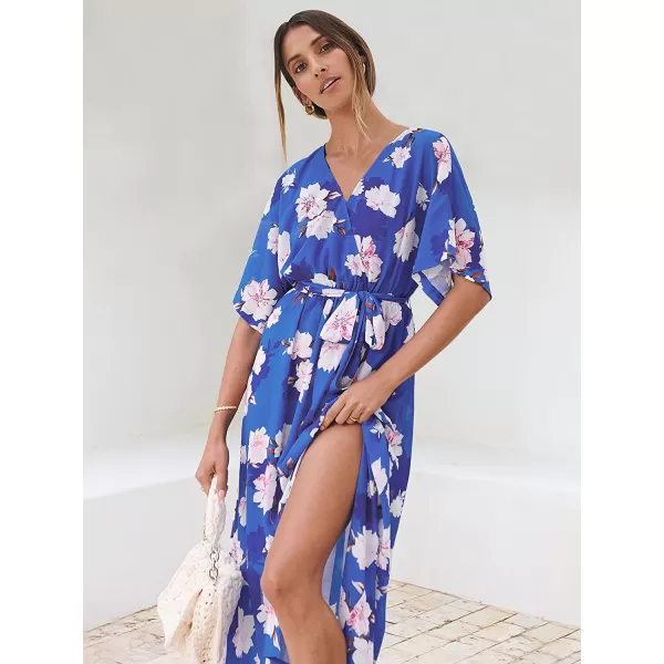 imageANRABESS Womens Summer Loose Kimono Maxi Dress Wrap V Neck 34 Sleeve Floral Print Slit Long DressesFloral Blue