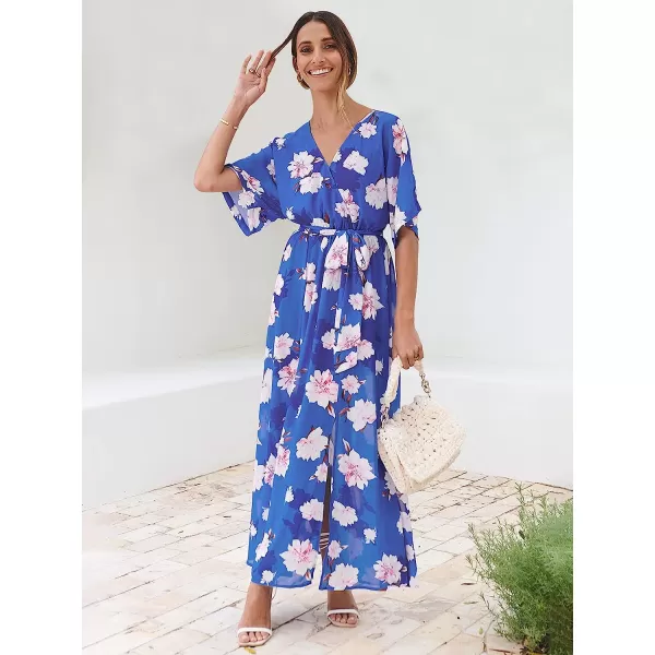 imageANRABESS Womens Summer Loose Kimono Maxi Dress Wrap V Neck 34 Sleeve Floral Print Slit Long DressesFloral Blue