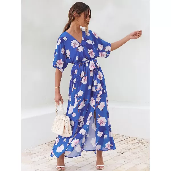 imageANRABESS Womens Summer Loose Kimono Maxi Dress Wrap V Neck 34 Sleeve Floral Print Slit Long DressesFloral Blue