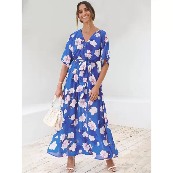 imageANRABESS Womens Summer Loose Kimono Maxi Dress Wrap V Neck 34 Sleeve Floral Print Slit Long DressesFloral Blue