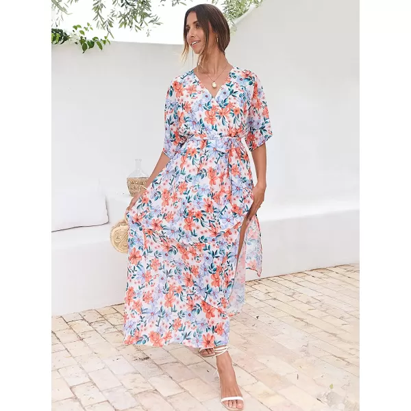 imageANRABESS Womens Summer Loose Kimono Maxi Dress Wrap V Neck 34 Sleeve Floral Print Slit Long DressesFloral Blue Pink