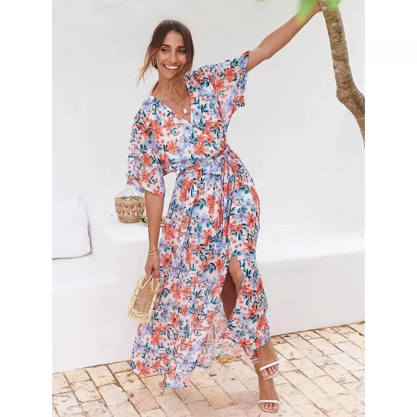 imageANRABESS Womens Summer Loose Kimono Maxi Dress Wrap V Neck 34 Sleeve Floral Print Slit Long DressesFloral Blue Pink