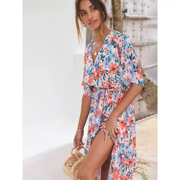 imageANRABESS Womens Summer Loose Kimono Maxi Dress Wrap V Neck 34 Sleeve Floral Print Slit Long DressesFloral Blue Pink