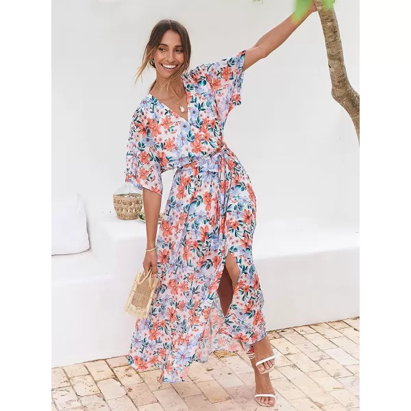 imageANRABESS Womens Summer Loose Kimono Maxi Dress Wrap V Neck 34 Sleeve Floral Print Slit Long DressesFloral Blue Pink