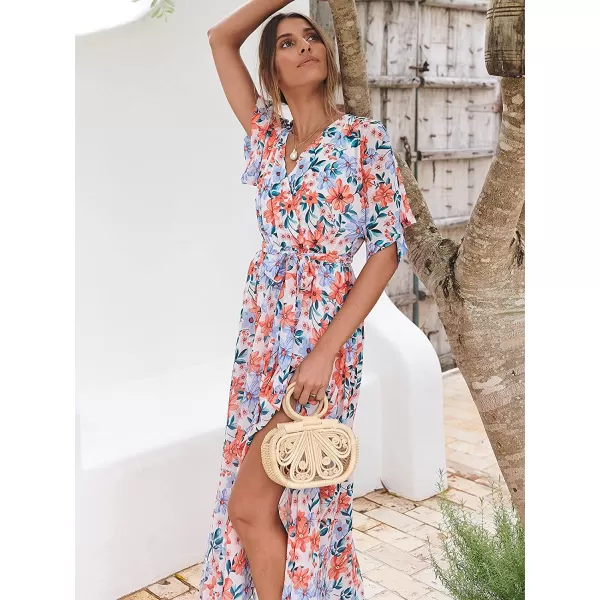 imageANRABESS Womens Summer Loose Kimono Maxi Dress Wrap V Neck 34 Sleeve Floral Print Slit Long DressesFloral Blue Pink