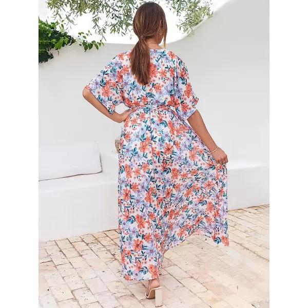 imageANRABESS Womens Summer Loose Kimono Maxi Dress Wrap V Neck 34 Sleeve Floral Print Slit Long DressesFloral Blue Pink