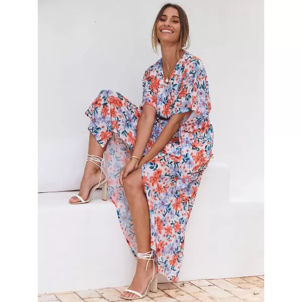 imageANRABESS Womens Summer Loose Kimono Maxi Dress Wrap V Neck 34 Sleeve Floral Print Slit Long DressesFloral Blue Pink