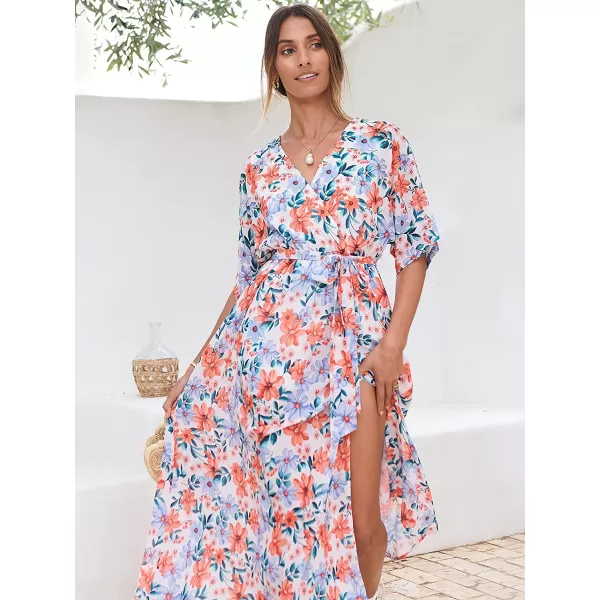 imageANRABESS Womens Summer Loose Kimono Maxi Dress Wrap V Neck 34 Sleeve Floral Print Slit Long DressesFloral Blue Pink