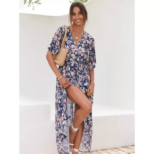 imageANRABESS Womens Summer Loose Kimono Maxi Dress Wrap V Neck 34 Sleeve Floral Print Slit Long DressesFloral Blue White