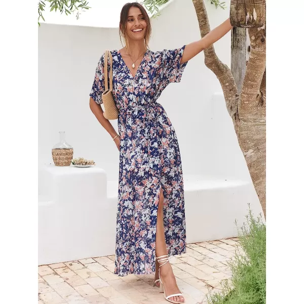 imageANRABESS Womens Summer Loose Kimono Maxi Dress Wrap V Neck 34 Sleeve Floral Print Slit Long DressesFloral Blue White