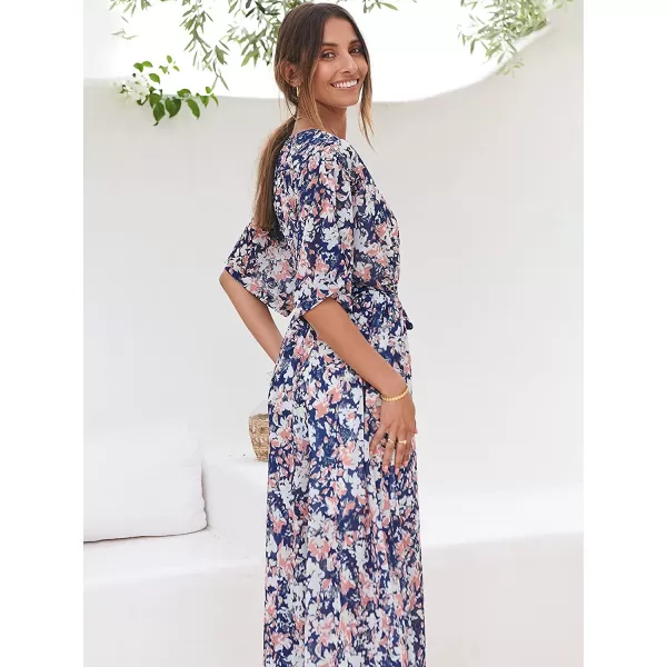 imageANRABESS Womens Summer Loose Kimono Maxi Dress Wrap V Neck 34 Sleeve Floral Print Slit Long DressesFloral Blue White