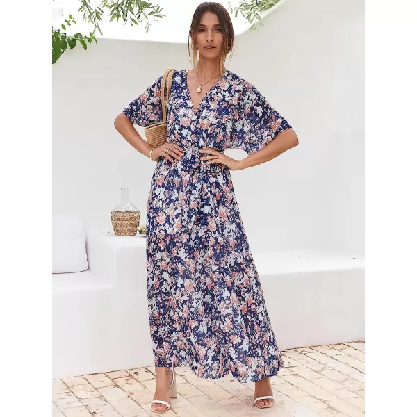 imageANRABESS Womens Summer Loose Kimono Maxi Dress Wrap V Neck 34 Sleeve Floral Print Slit Long DressesFloral Blue White