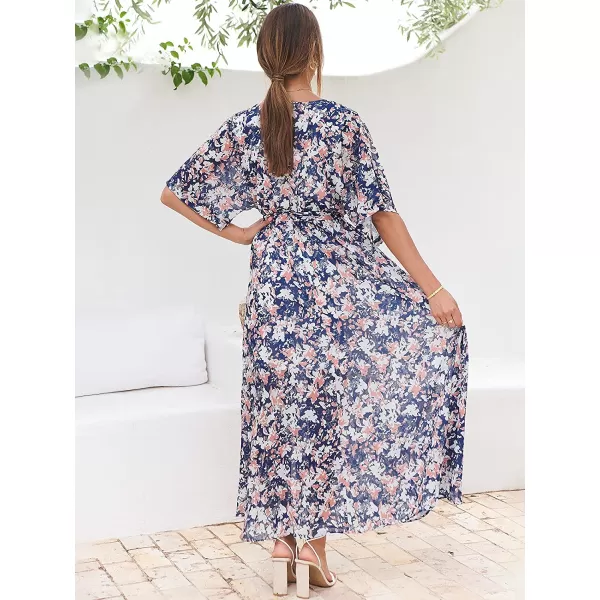 imageANRABESS Womens Summer Loose Kimono Maxi Dress Wrap V Neck 34 Sleeve Floral Print Slit Long DressesFloral Blue White