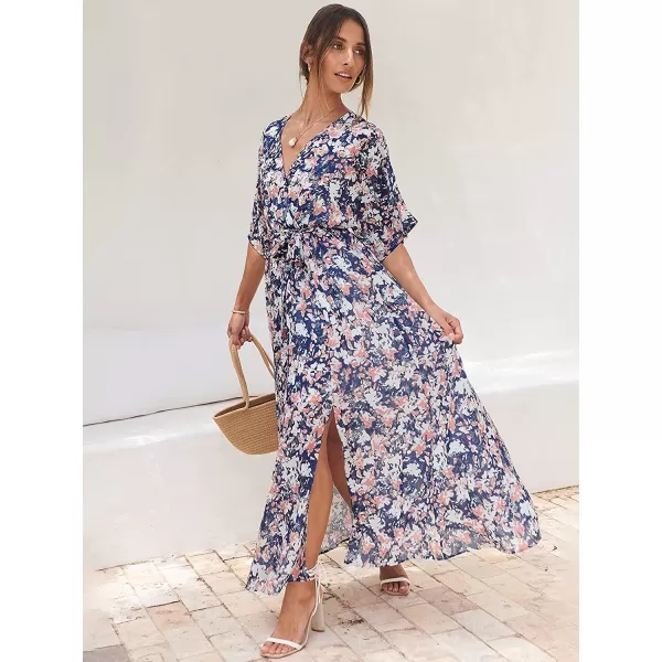 imageANRABESS Womens Summer Loose Kimono Maxi Dress Wrap V Neck 34 Sleeve Floral Print Slit Long DressesFloral Blue White