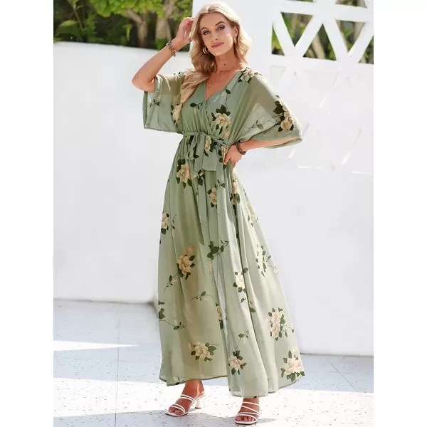 imageANRABESS Womens Summer Loose Kimono Maxi Dress Wrap V Neck 34 Sleeve Floral Print Slit Long DressesFloral Green