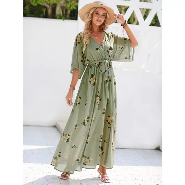imageANRABESS Womens Summer Loose Kimono Maxi Dress Wrap V Neck 34 Sleeve Floral Print Slit Long DressesFloral Green