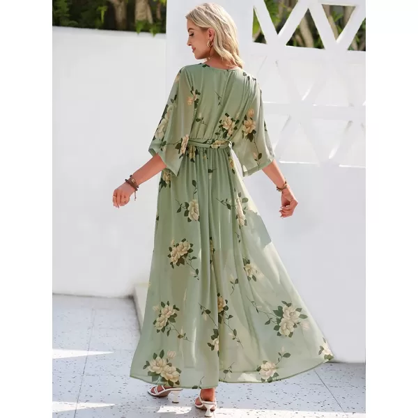 imageANRABESS Womens Summer Loose Kimono Maxi Dress Wrap V Neck 34 Sleeve Floral Print Slit Long DressesFloral Green