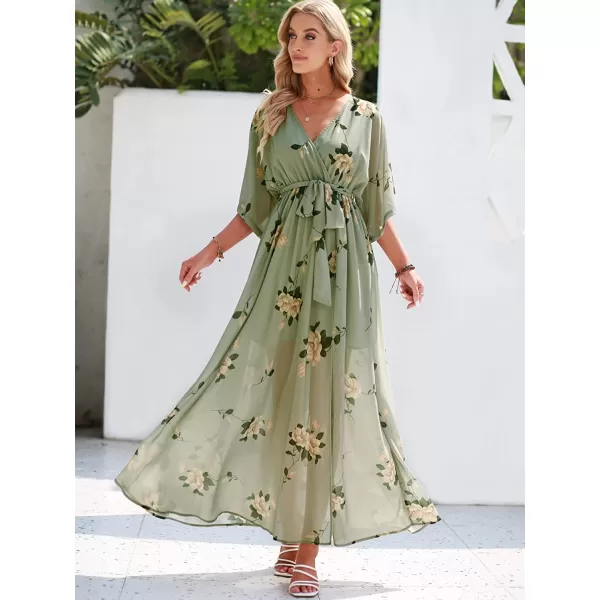 imageANRABESS Womens Summer Loose Kimono Maxi Dress Wrap V Neck 34 Sleeve Floral Print Slit Long DressesFloral Green