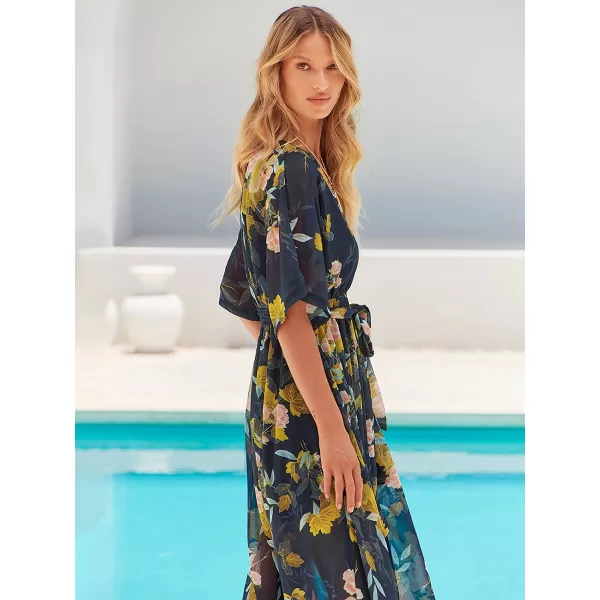 imageANRABESS Womens Summer Loose Kimono Maxi Dress Wrap V Neck 34 Sleeve Floral Print Slit Long DressesFloral Navy Yellow