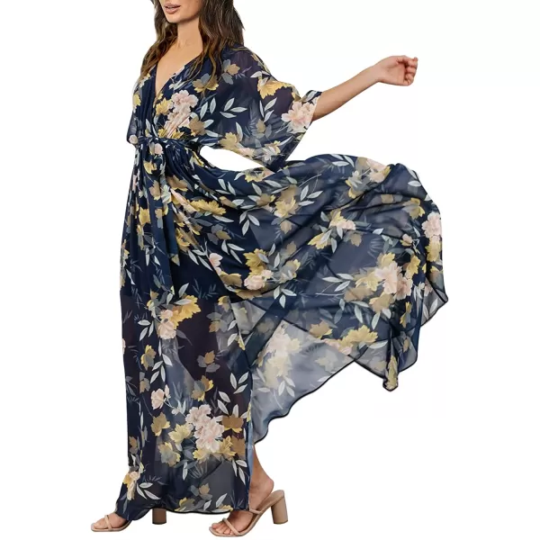 imageANRABESS Womens Summer Loose Kimono Maxi Dress Wrap V Neck 34 Sleeve Floral Print Slit Long DressesFloral Navy Yellow