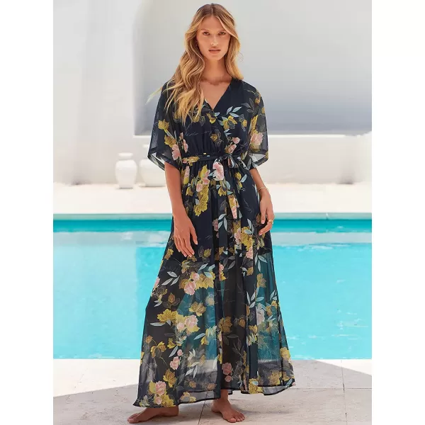 imageANRABESS Womens Summer Loose Kimono Maxi Dress Wrap V Neck 34 Sleeve Floral Print Slit Long DressesFloral Navy Yellow