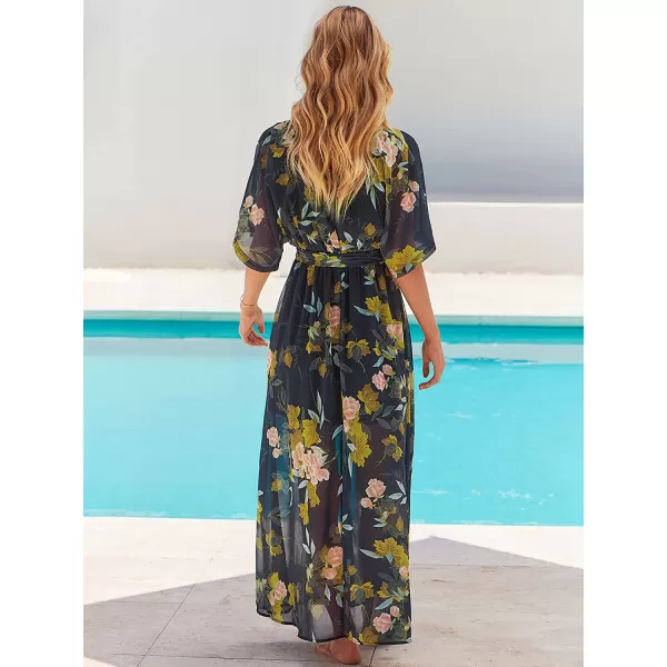 imageANRABESS Womens Summer Loose Kimono Maxi Dress Wrap V Neck 34 Sleeve Floral Print Slit Long DressesFloral Navy Yellow
