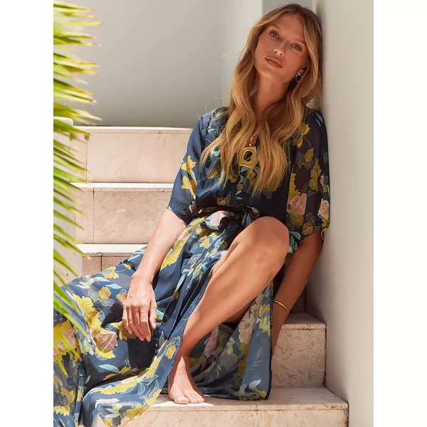 imageANRABESS Womens Summer Loose Kimono Maxi Dress Wrap V Neck 34 Sleeve Floral Print Slit Long DressesFloral Navy Yellow