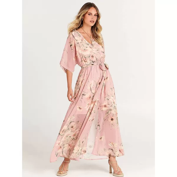 imageANRABESS Womens Summer Loose Kimono Maxi Dress Wrap V Neck 34 Sleeve Floral Print Slit Long DressesFloral Pink