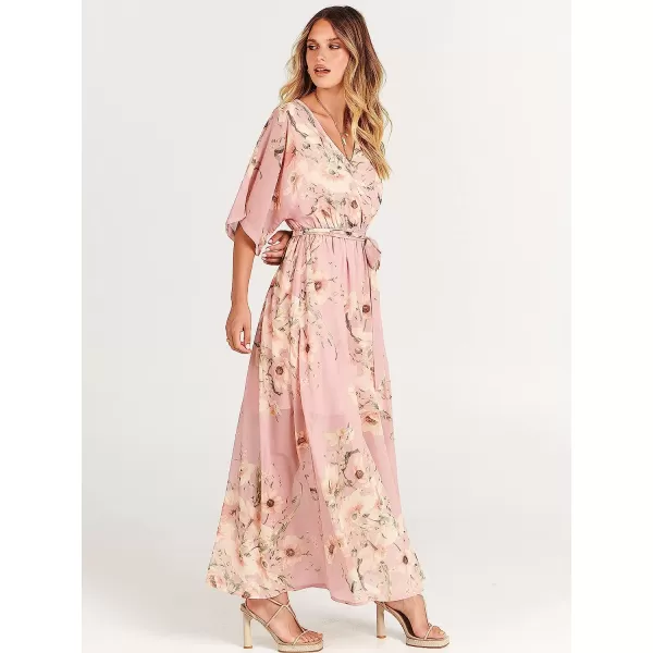 imageANRABESS Womens Summer Loose Kimono Maxi Dress Wrap V Neck 34 Sleeve Floral Print Slit Long DressesFloral Pink