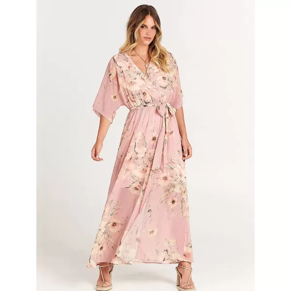 imageANRABESS Womens Summer Loose Kimono Maxi Dress Wrap V Neck 34 Sleeve Floral Print Slit Long DressesFloral Pink