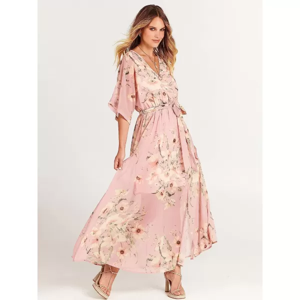 imageANRABESS Womens Summer Loose Kimono Maxi Dress Wrap V Neck 34 Sleeve Floral Print Slit Long DressesFloral Pink