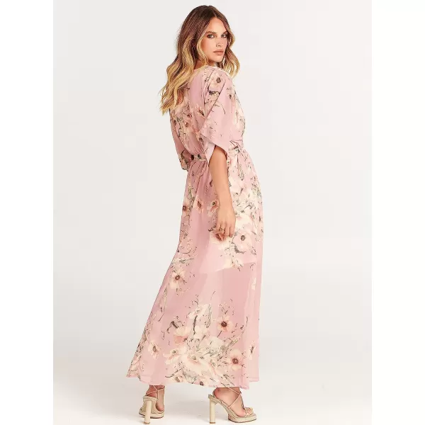 imageANRABESS Womens Summer Loose Kimono Maxi Dress Wrap V Neck 34 Sleeve Floral Print Slit Long DressesFloral Pink