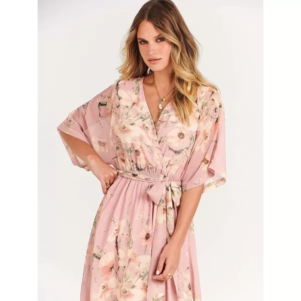 imageANRABESS Womens Summer Loose Kimono Maxi Dress Wrap V Neck 34 Sleeve Floral Print Slit Long DressesFloral Pink