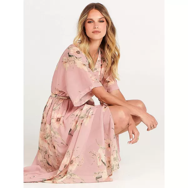 imageANRABESS Womens Summer Loose Kimono Maxi Dress Wrap V Neck 34 Sleeve Floral Print Slit Long DressesFloral Pink